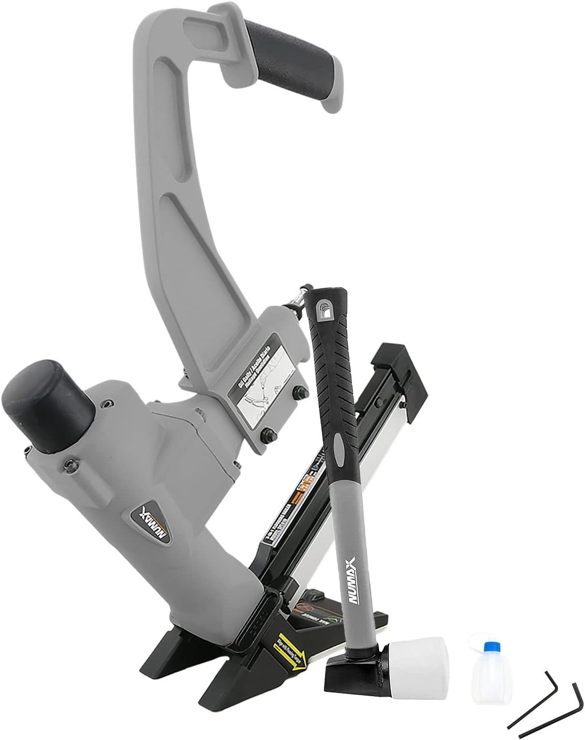 NuMax SFL618 Pneumatic 3-in-1 15.5-Gauge and 16-Gauge 2 Flooring Nailer / Stapler with Flooring Mallet and Interchangeable Base Plates, Grey