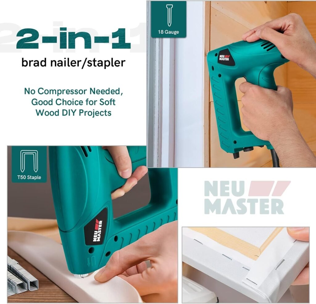 NEU MASTER Electric Brad Nailer/Staple Gun with Contact Safety and Power Adjustable Knob for Upholstery and Home Improvement, Includes 336pcs Staples and 200pcs Nails N6013