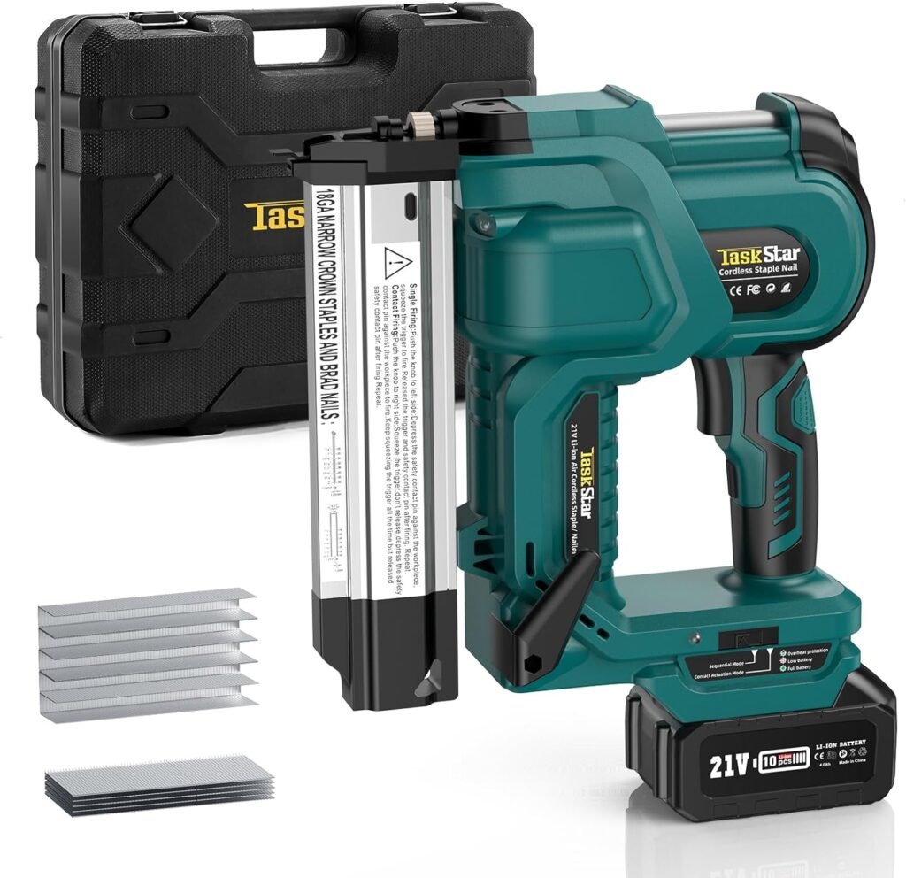 TaskStar Cordless Nail Gun,21V 18GA Nail Gun Battery Powered,2-in-1 Nail/Staple Gun with 4.0A Battery and Charger Included,Adjustable Depth,Single or Contact Firing for Upholstery  Woodworking
