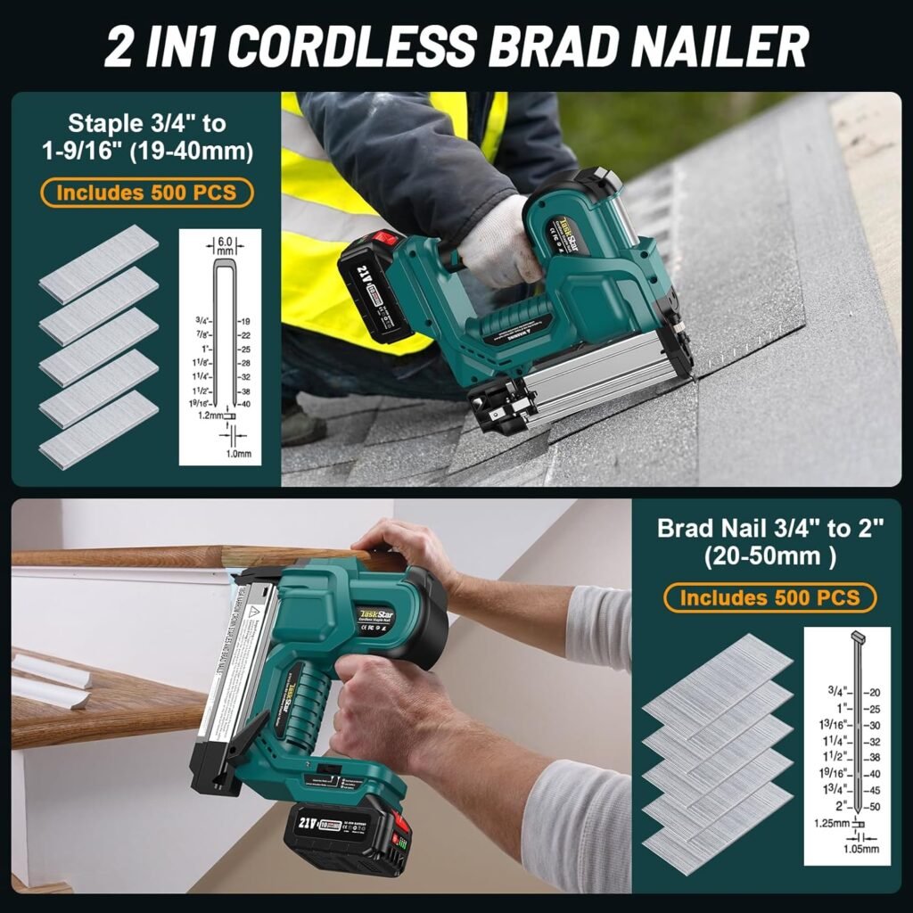 TaskStar Cordless Nail Gun,21V 18GA Nail Gun Battery Powered,2-in-1 Nail/Staple Gun with 4.0A Battery and Charger Included,Adjustable Depth,Single or Contact Firing for Upholstery  Woodworking