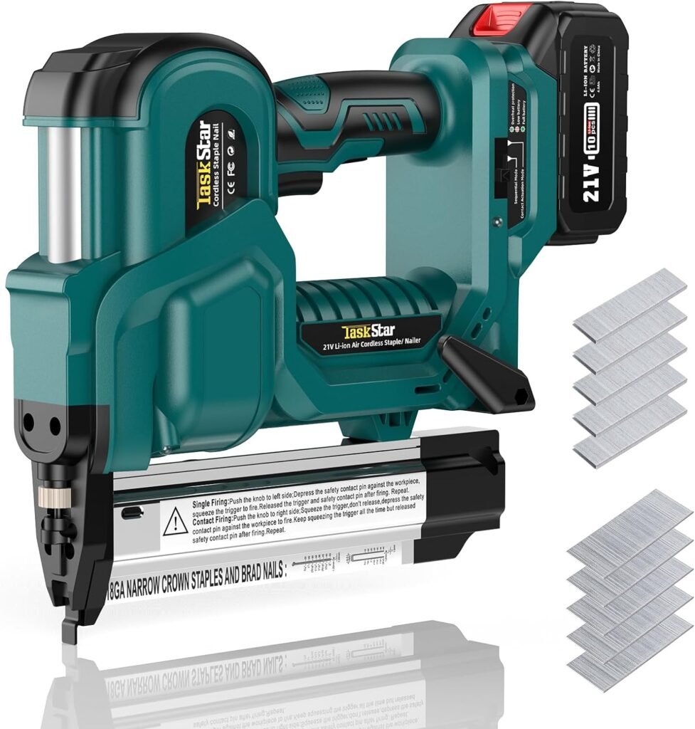 TaskStar Cordless Nail Gun,21V 18GA Nail Gun Battery Powered,2-in-1 Nail/Staple Gun with 4.0A Battery and Charger Included,Adjustable Depth,Single or Contact Firing for Upholstery  Woodworking