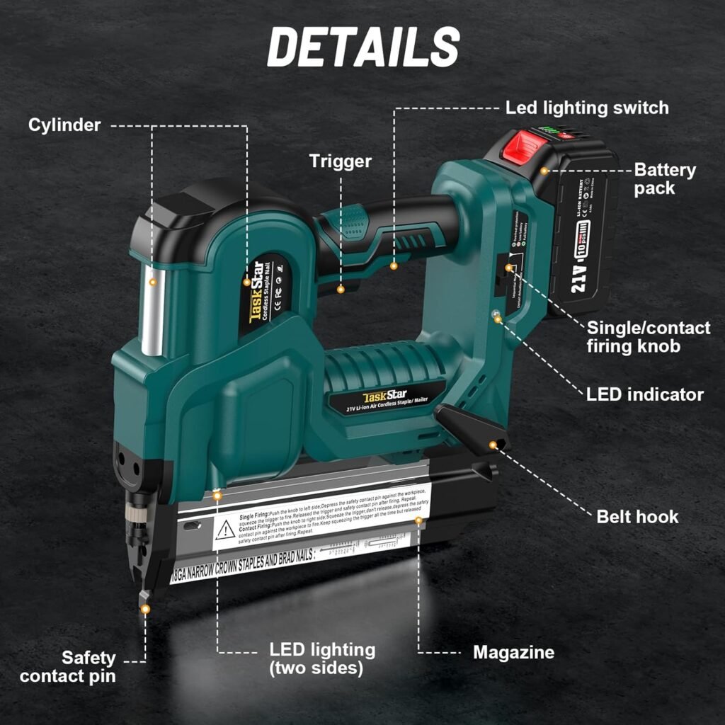 TaskStar Cordless Nail Gun,21V 18GA Nail Gun Battery Powered,2-in-1 Nail/Staple Gun with 4.0A Battery and Charger Included,Adjustable Depth,Single or Contact Firing for Upholstery  Woodworking