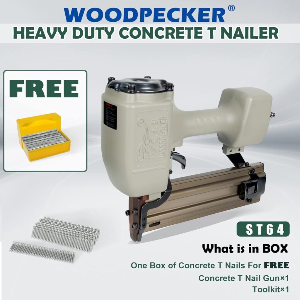 Woodpecker ST64 14 Gauge 3/4 to 2-1/2 Pneumatic Concrete T Nailer Gun with 400pcs Concrete T Nails, Air Power Heavy Duty Concrete Nail Gun Brad Nailer Finish Nailer for Woodworking